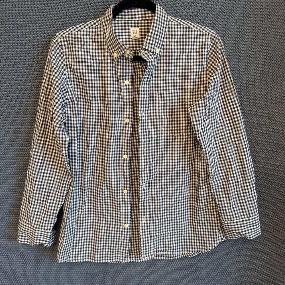 Gap Kids Button-Down Shirt Size XL (12) Blue Navy White Gingham Check